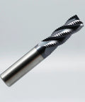 Front view of Roughing End Mill Beefy Carbide Square Nose Four Flute End Milling Bit Five Eighth Inch Shank. Titanium coated for steel milling.