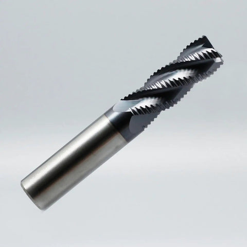 Front view of Roughing End Mill Beefy Carbide Square Nose Four Flute End Milling Bit Five Eighth Inch Shank. Titanium coated for steel milling.