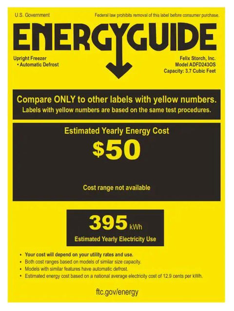 Energy guide label for Tough As Nails 24 Inch Dual Drawer Outdoor Freezer with estimated yearly cost and electricity use.