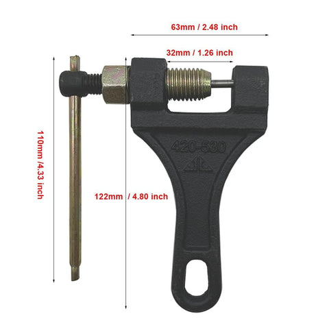 Front view of black chain breaker rivet tool for motorcycle/ATV chains (sizes 420–530) with threaded rod