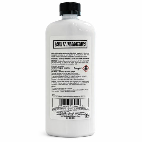 Back view of Metal Polish With Long Lasting Sealant Cleaner Polisher Protectant All In One bottle, product label visible.