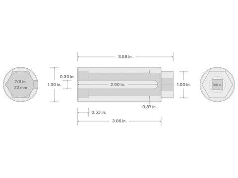 Diagram of Three Eighths Inch Drive Deep Seven Eighths Inch Six Point Oxygen Sensor Socket showcasing dimensions and design