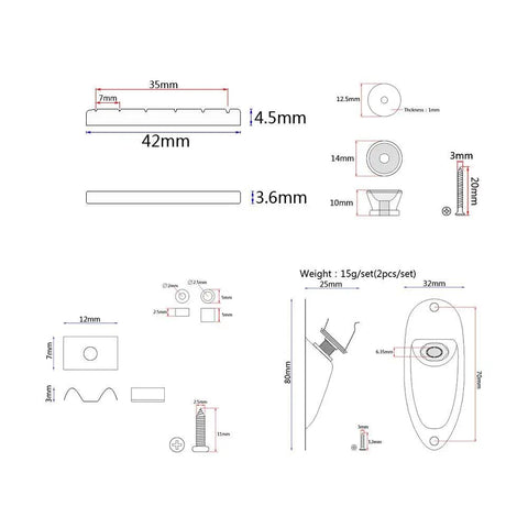 Technical diagram of ST Style Electric Guitar DIY Kit components with measurements for assembly.