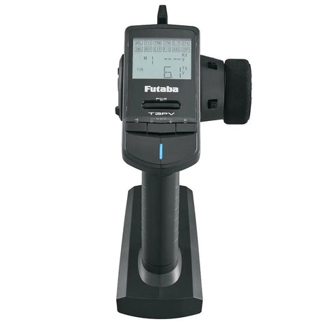 Front view of Three Channel 2.4 GHz Computerized RC Surface Transmitter With R304SB T FHSS Telemetry Receiver, LCD screen visible