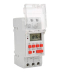 Side view of Programmable Digital Timer Switch 85 To 265V 30A with LCD countdown display and LED indicators, mounted on DIN rail.