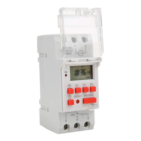 Side view of Programmable Digital Timer Switch 85 To 265V 30A with LCD countdown display and LED indicators, mounted on DIN rail.