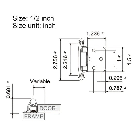 Technical diagram of Self Closing Spring Hinge Set for Overlay Cabinet Doors, showing dimensions and flush mount details.