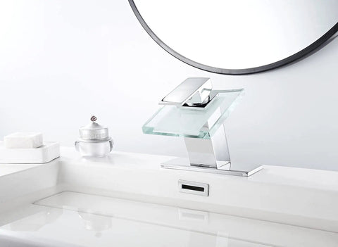 Waterfall Glass Spout LED Temperature Changing Bathroom Faucet With Single Handle Deck Mounted Cold Warm Hot Water Mixer Chrome Finish