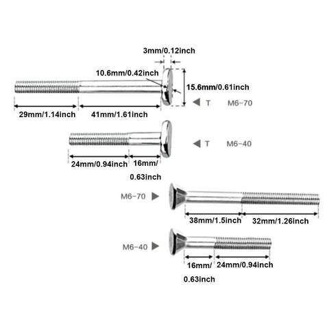 Diagram of various M6 screws showing dimensions and types for precise use, Metals used for durability in construction.