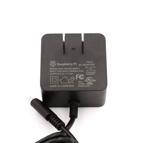 USB C Power Adapter For Pi 4 B With 5.1V 3A Output, 15.3W Fast Supply, black power brick with attached cable on white background