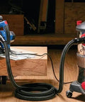 10 Ft Dust Collection Hose Kit With 5 Fittings for woodworking tools and shop vacuums, connected to a saw and vacuum system