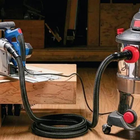 10 Ft Dust Collection Hose Kit With 5 Fittings for woodworking tools and shop vacuums, connected to a saw and vacuum system