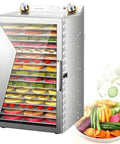 Pro Grade Stainless Steel Commercial Food Dehydrator With 12 Badass Trays And Clear Glass Door featuring various dried fruits and vegetables.