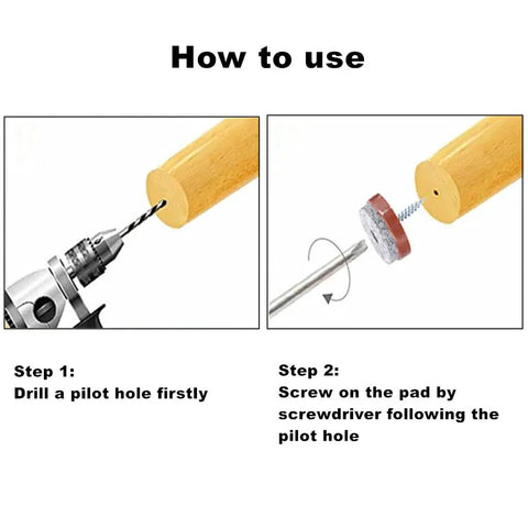 Installation guide for 40 Pcs Screw On Felt Pads For Furniture Brown 20mm Fit Wooden Chair And Table Legs, showing drill and screwdriver steps.