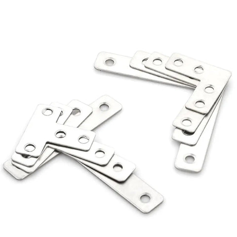 Heavy Duty Stainless Steel Corner Brackets 10 Pack L And T Shape Flat Bed Frame Repair Fasteners For Furniture Cabinet Shelf Mounting Indoors Outdoors Deadset Tough Making Repairs No Sweat For Your Next Project, showing various angles of brackets.