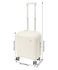 Mint Blue And Pearl White 18 Inch Carry On Suitcase With A Built In USB Charging Port And Roomy Power Bank Pocket For Traveling sleek design with measurements.
