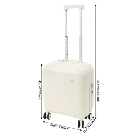 Mint Blue And Pearl White 18 Inch Carry On Suitcase With A Built In USB Charging Port And Roomy Power Bank Pocket For Traveling sleek design with measurements.