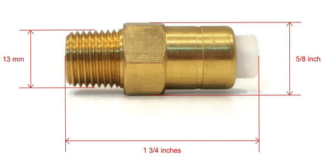 Brass thermal relief valve for pressure washer; male threaded inlet, hex body, white plastic outlet