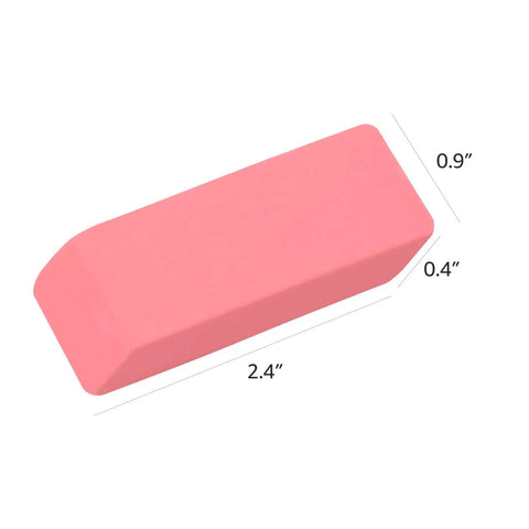 Rectangular Pink Erasers For School And Office, Art Eraser For Drawing And Sketching, Lifts Pencil Marks Without Smudging, Made With TPR Material, 24 Count Stationery Supplies. Image shows one pink eraser with dimensions 2.4 x 0.9 x 0.4 inches.