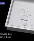 Close-up of Shower Niche Insert 12 By 12 Inches No Tile Needed Stainless Steel Brushed Nickel Easy Install with water droplets.