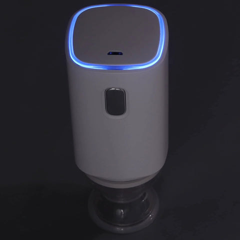 Front view of white cordless 5V electric air pump with blue LED ring and black power button.