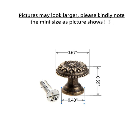 Five Pack Antique Brass Tiny Round Cabinet Knobs For Drawers And Cabinets, 17x15mm Iron Drawer Pulls With M4x25mm Screws, Vintage Style Hardware With Anti Rust Finish, Durable Mini Round Knob Handles. Antique brass round knob with screw, shown with 0.67-inch width and 0.59-inch height.