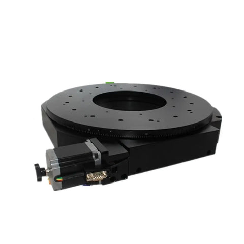 Bulletproof Motorized Rotary Stage With Smooth Operator Drive And High End Optical Worm Gear Scale For Zero Hassle Step Move Benchtop Layouts And Alignment, top view.