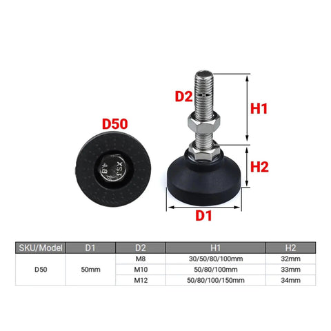 Top Notch Universal Adjustable Leveling Feet With Swivel Glide Pads For Furniture D50 X 100 Mm M12 Thread close-up view showing dimensions and parts.