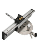 Rock Solid Aluminum Miter Gauge With Sleek Track Stop And Wide Adjustable Fence For Table Saws And Router Tables on a white background.