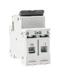 Pro Grade 2 Pole MCB DIN Rail Circuit Breaker With Heavy Duty 40 Amp C Curve Trip, side view displaying terminal connections.