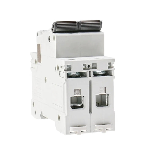 Pro Grade 2 Pole MCB DIN Rail Circuit Breaker With Heavy Duty 40 Amp C Curve Trip, side view displaying terminal connections.