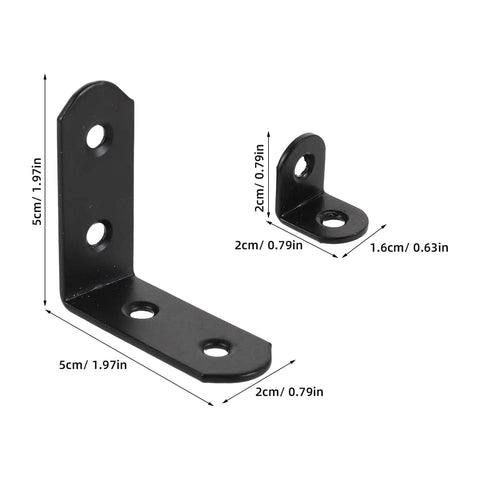 Two sizes of Heavy Duty L Shaped Corner Braces Set 20 Pack Two Sizes 90 Degree Shelf Supports For Cabinets Desks Bookcases And Other Furniture Ultra Strong Metal Bracket Mounts For Rock Solid Joint Reinforcement with measurements.