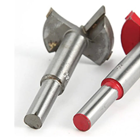 Precision 14mm Forstner Drill Bit Heavy Duty Cemented Carbide Hole Saw for Smooth Woodworking showing two drill bits with steel shafts.