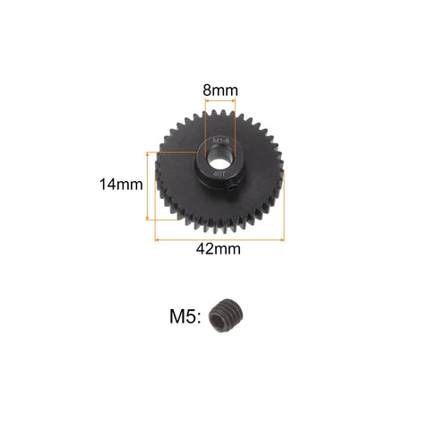 Mod 1 40T Pinion Gear with 8mm bore and M5 screw shown with dimensions, Carbon Steel build for RC Cars and Trucks.