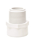 Front view of PVC Three Quarter Inch Two-Way Male Threaded Adapter Socket To Male Pipe Thread Fittings Schedule 40 White