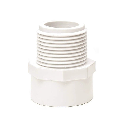 Front view of PVC Three Quarter Inch Two-Way Male Threaded Adapter Socket To Male Pipe Thread Fittings Schedule 40 White