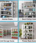 Heavy Duty Stainless Steel Four Tier Storage Shelves With Brushed Commercial Grade Finish Built Like A Tank For Kitchen Pantries Garages And Warehouses Top Shelf Workspace Organizer Rack in kitchen and storage setups.