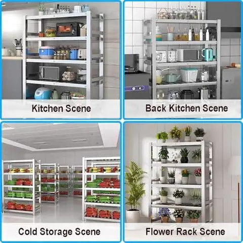 Heavy Duty Stainless Steel Four Tier Storage Shelves With Brushed Commercial Grade Finish Built Like A Tank For Kitchen Pantries Garages And Warehouses Top Shelf Workspace Organizer Rack in kitchen and storage setups.