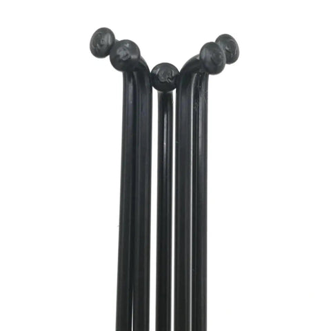 Close-up of Sixteen Pack 12G Two Point Six Millimeter J Bend Round Body Black Wheel Spokes For High Speed Electric Bikes With Geared Motors 184mm Length