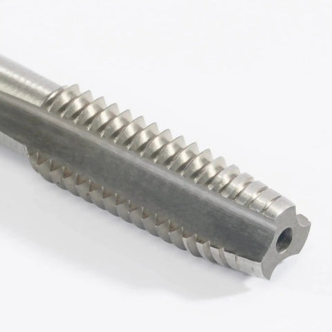 Close-up of M8 By 1mm Tap And Die Set For Metalworking Pro Grade HSS Tap with threaded cutting edges