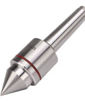 Heavy duty live tailstock center MT3; silver metal body with conical tip and red seal, side view