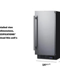 Heavy Duty 2.45 Cubic Foot Frost Free Upright Commercial Freezer Featuring Snap Cold Cooling And Brushed Stainless Shell Built For Daily Hustle In Cafes And Concession Windows, side view with dimensions.