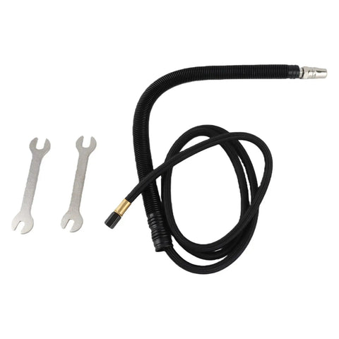 Pneumatic Pencil Die Grinder With 90 Degree Right Angle Air Pen Design, includes flexible air hose and two wrenches for adjustments.