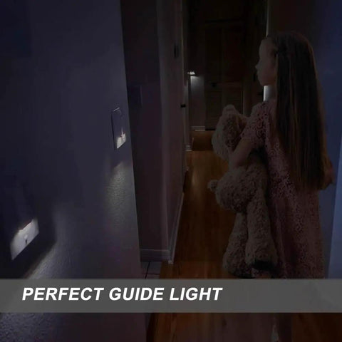 Child walking in hallway illuminated by 4 Pack Illuminated Light Switches No Neutral Wire Easy Install Single Pole Paddle Rocker With Night Light 15 Amp 120 Or 277 Volt Glossy White Great For Bedrooms Hallways And Night Time Safety And Convenience, providing nighttime safety.