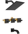 Three Handle Tub Shower Faucet Set With Rainfall Shower Head, Matte Black Square Wall Mount Trim Kit, 8 Inch Rain Bath System