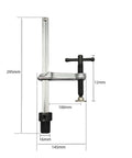 Insertion Clamp Fixture With Quick Release Ratchet Table Clamp For Rock Solid Workholding In Workshop Carpentry And Metalworking Hardened Steel Inserted Tool With 200x100 Base And 16mm T Bar, shown with 295mm height and 100mm clamp span