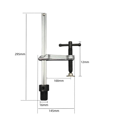 Insertion Clamp Fixture With Quick Release Ratchet Table Clamp For Rock Solid Workholding In Workshop Carpentry And Metalworking Hardened Steel Inserted Tool With 200x100 Base And 16mm T Bar, shown with 295mm height and 100mm clamp span