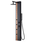 HomeStock Matte Black Shower System with Rainfall Head, Body Jets, Handheld Wand, and Bamboo Accent Panel in modern design.