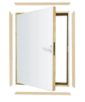 Premium Insulated Knee Wall Access Door With Rock Solid White HDF Boards And R Five Point Two Heat Blocking Rating For Attics And Basements Slick Operation 27 By 35 Inches, open view showing interior and handle.