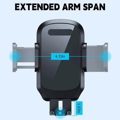 Zero Shake Car Phone Holder With Metal Hook Clip And Air Vent Cell Phone Mount dimensions, 4.33in arm span, for hands-free use.